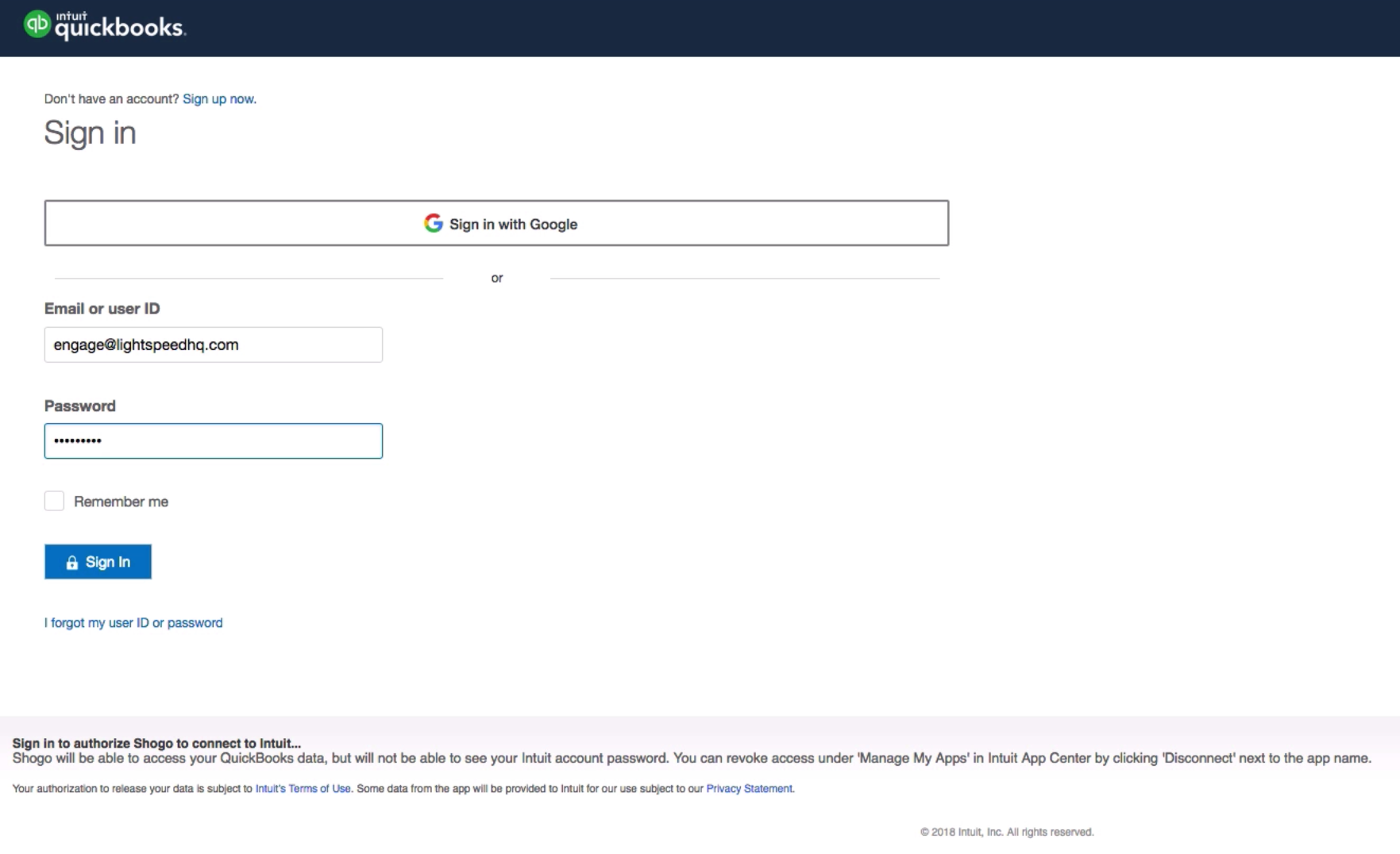 Inlogpagina van QuickBooks Online waarin je wordt gevraagd je inloggegevens toe te voegen.