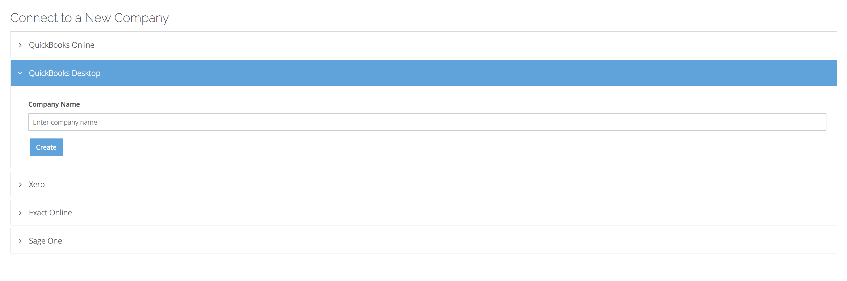 De pagina om verbinding te maken met een nieuw bedrijf waarin de optie QuickBooks Desktop is geselecteerd.