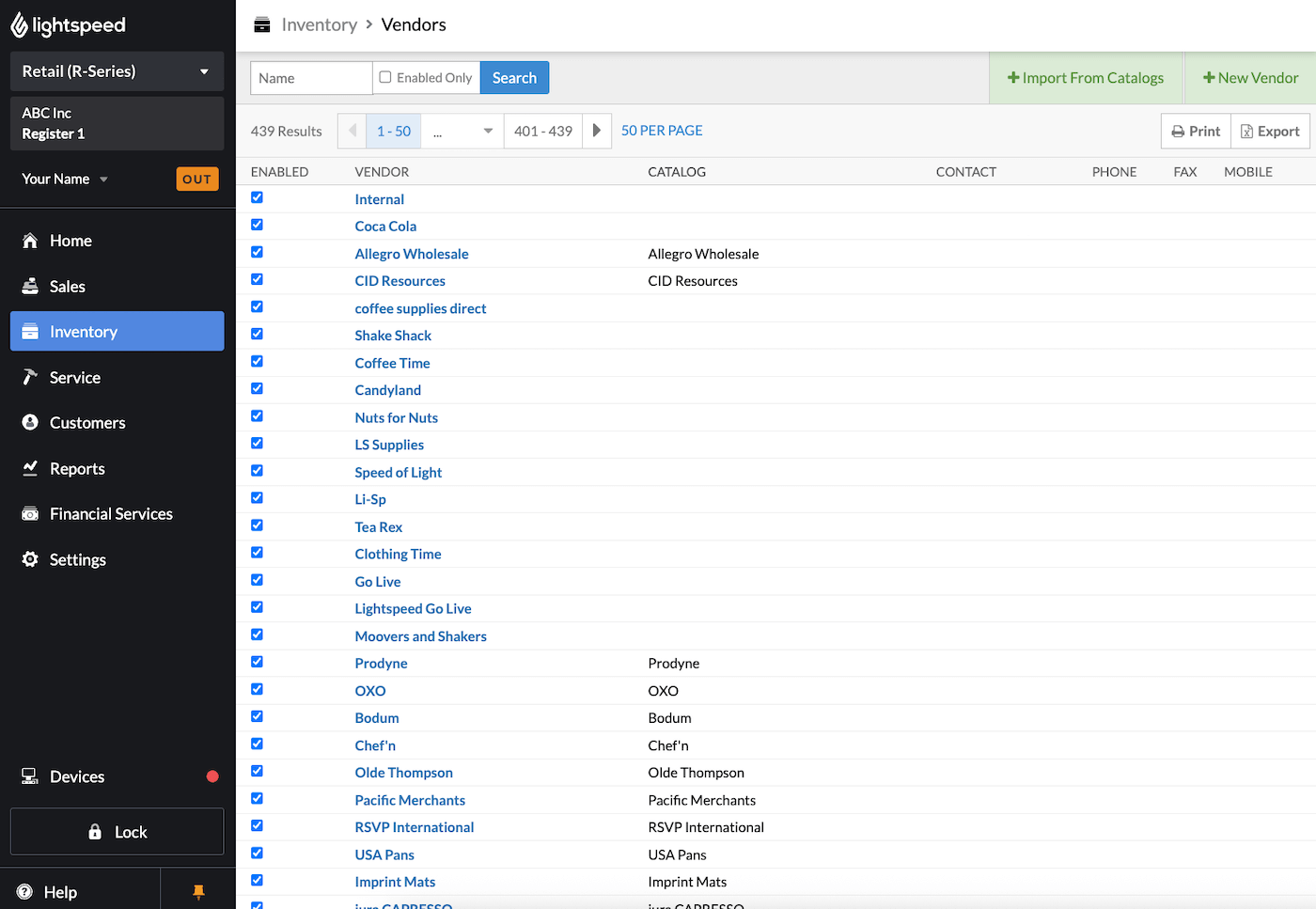 Vendors page showing list of all enabled vendors.
