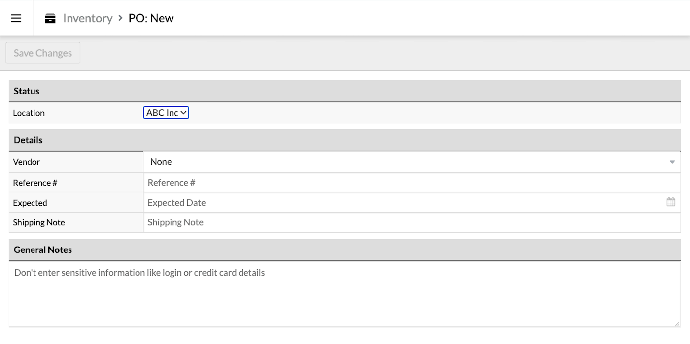 New purchase order page.