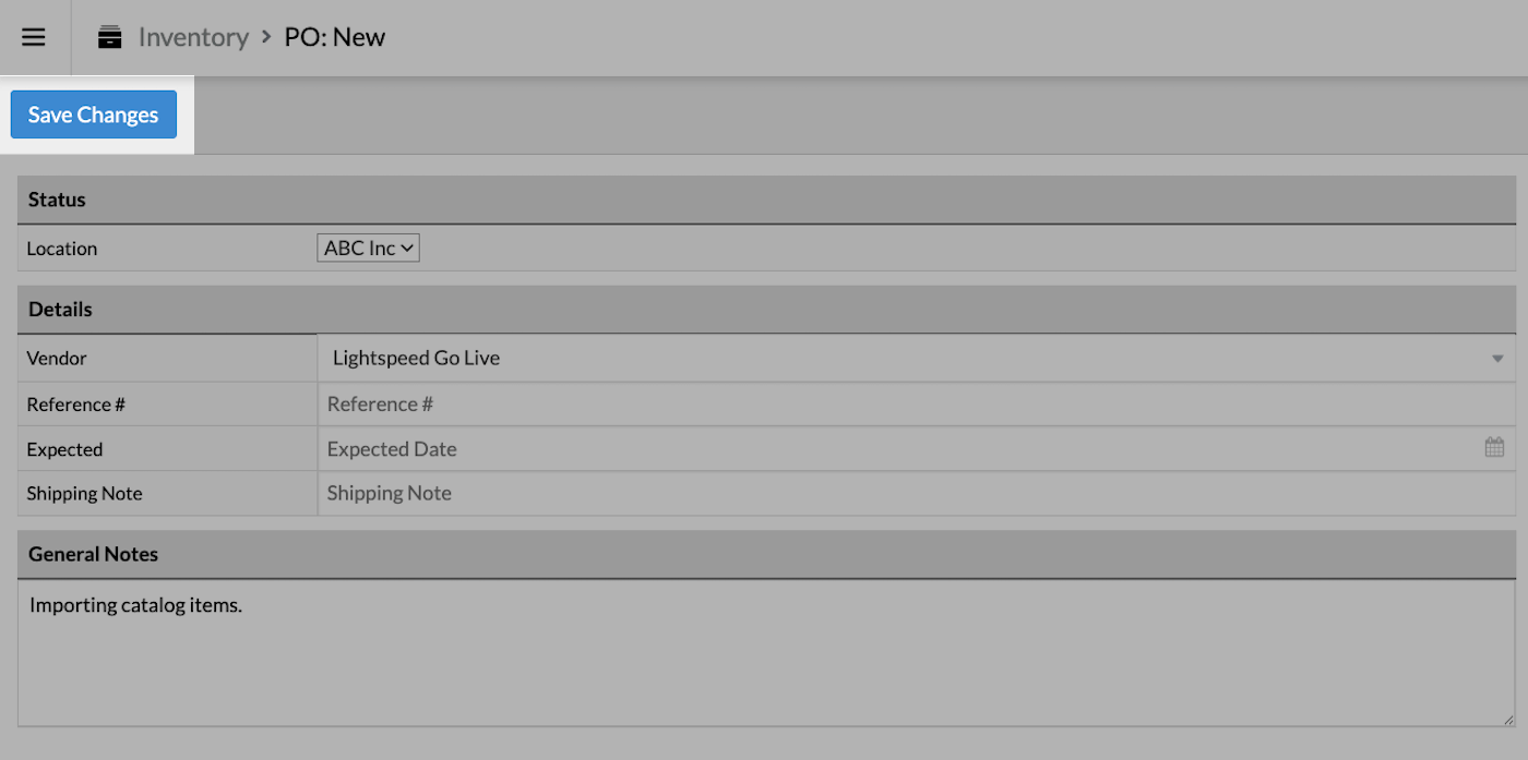 New purchase order page with details filled in and Save Chnages button emphasized.