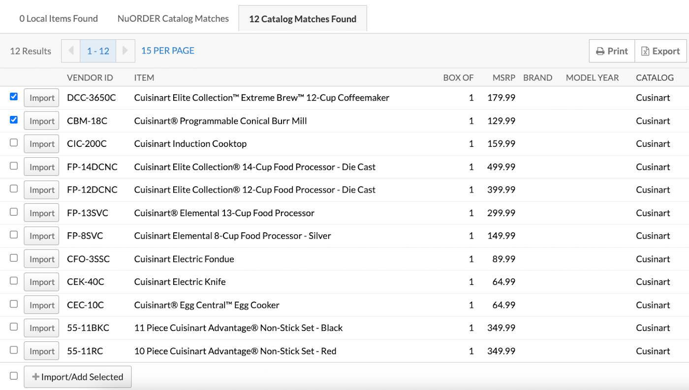 Catalog Matches list with two items checked.