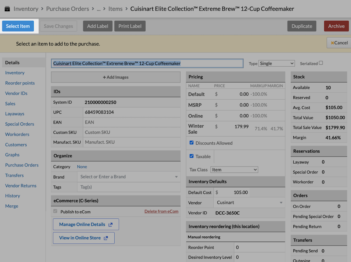 Item details page with Select Item emphasized.