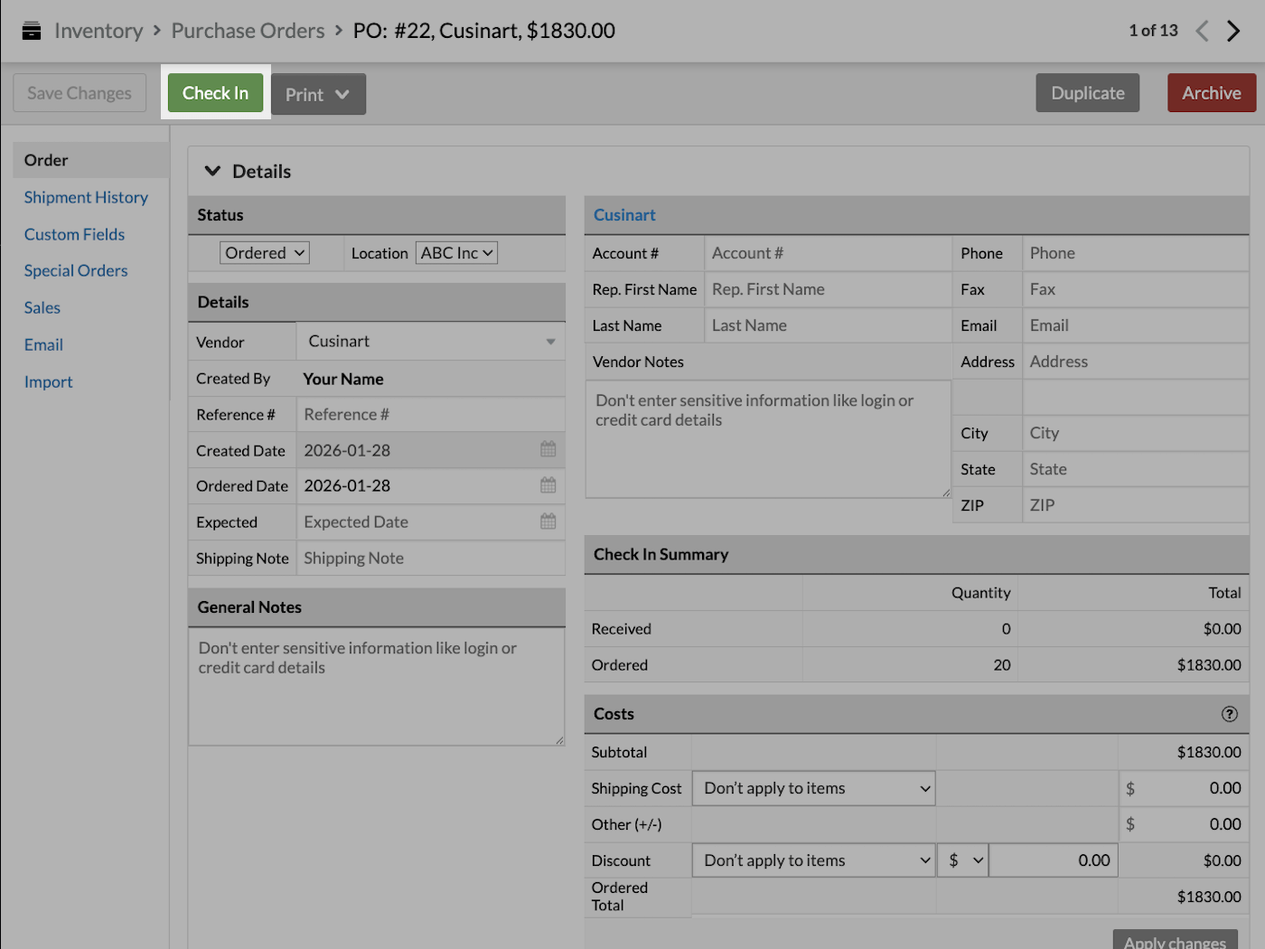 Purchase Order page with Check In button emphasized.