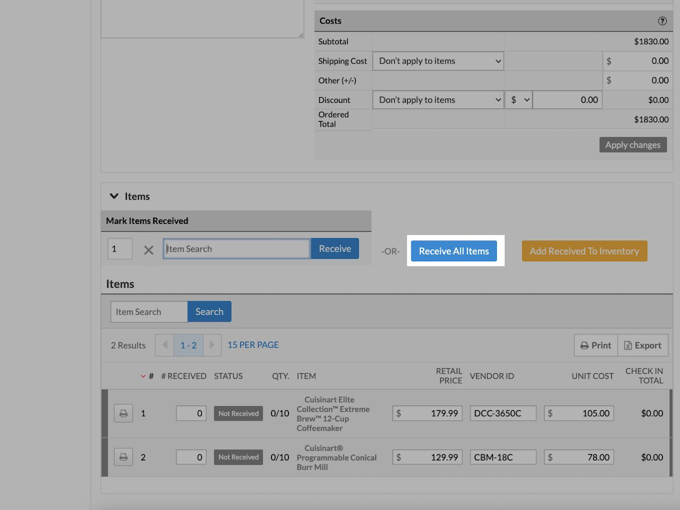 Items section with Receive All Items button emphasized.