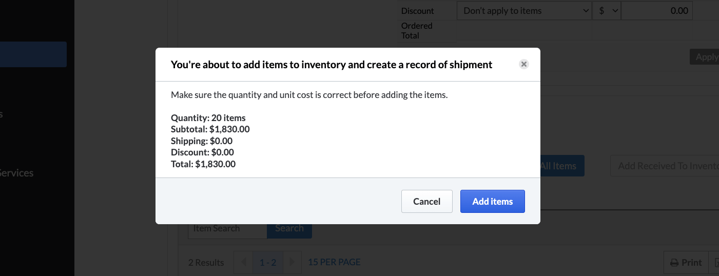 Pop-up verifying the Wuantity, Subtotal, Shipping, Discount, and Total amounts, with options to Cancel or Add items.