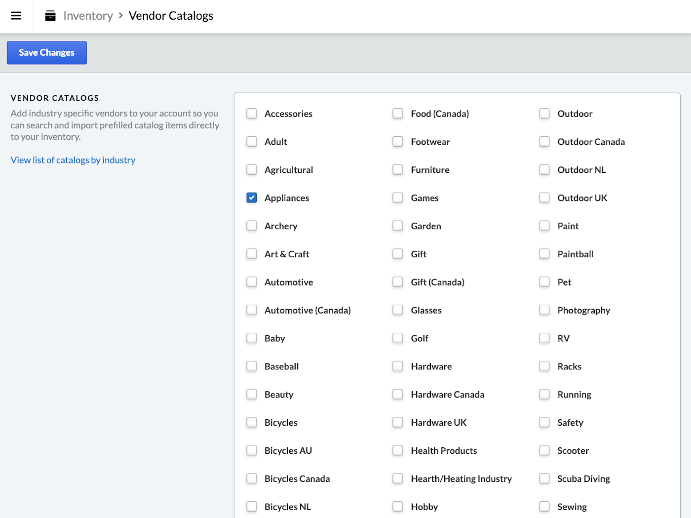 Vendor Catalogs list with one catalog checked off.