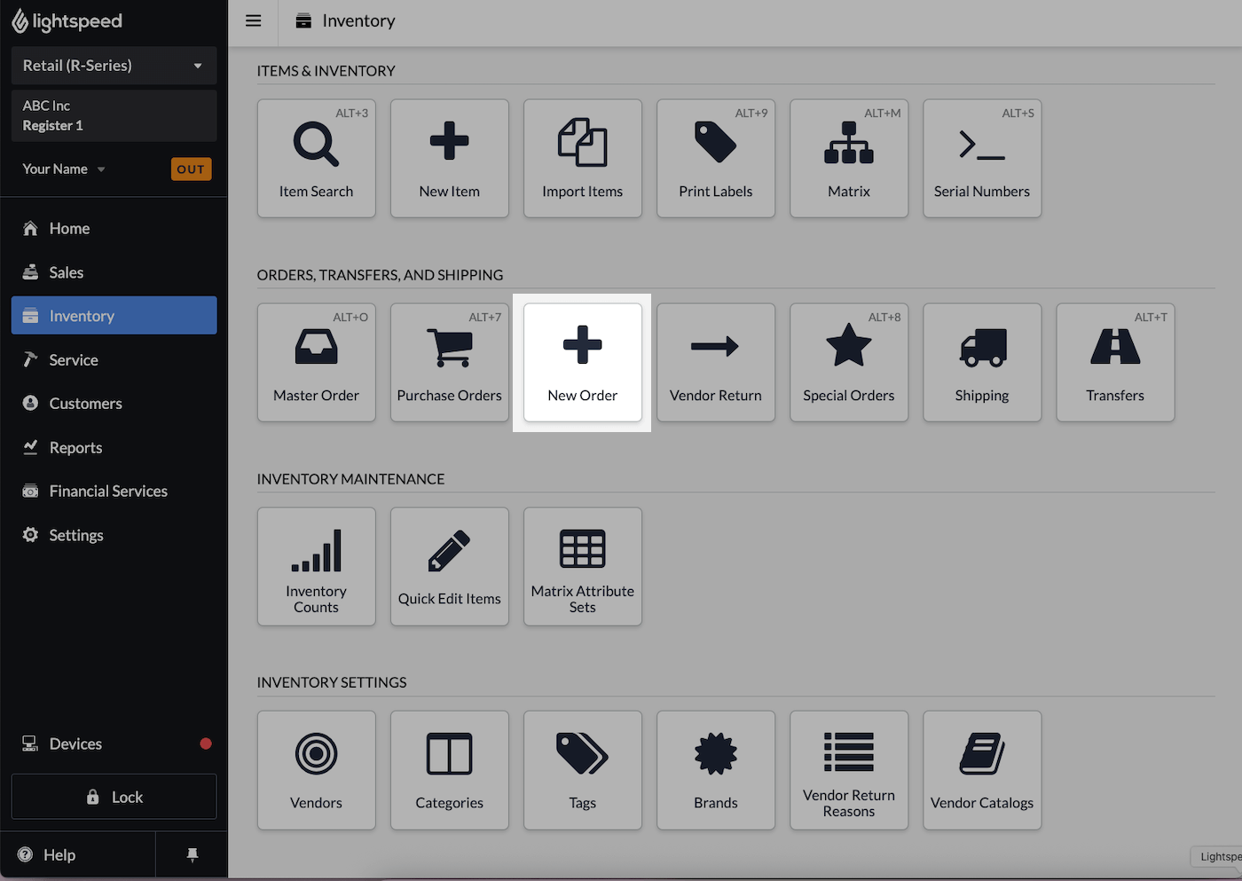 Inventory page with New Order emphasized.
