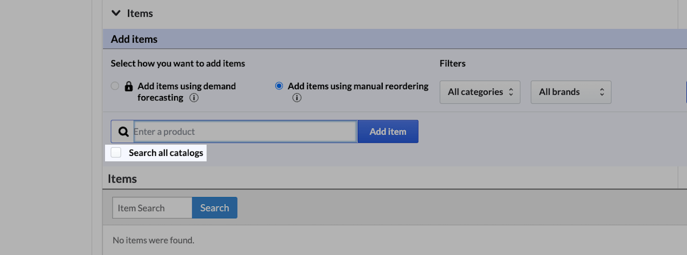 Items section with Search all catalogs checkbox emphasized.