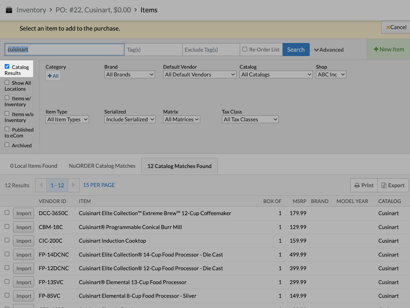 Item search page with Advanced options displayed and Catalog Results checkbox emphasized.