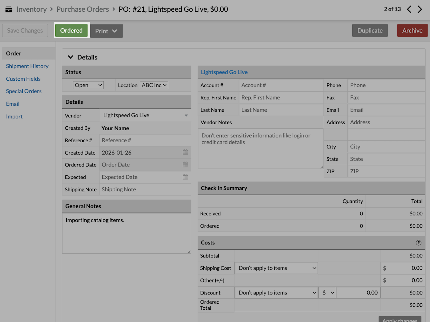 Purchase Order page with Ordered button emphasized.