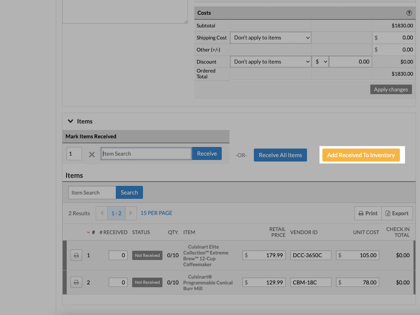 Items section with Add Received To Inventory button emphasized.