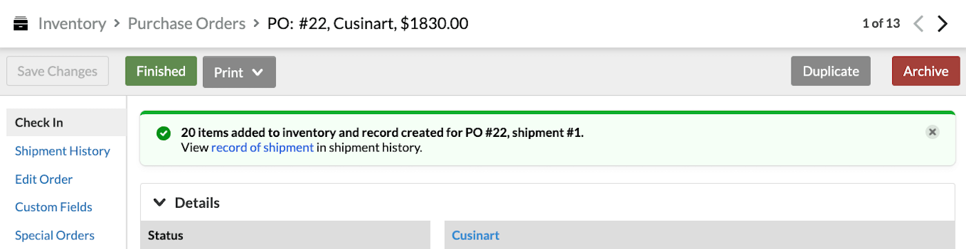 Purchase Order page showing temporary banner confirming that the items were added to inventory.
