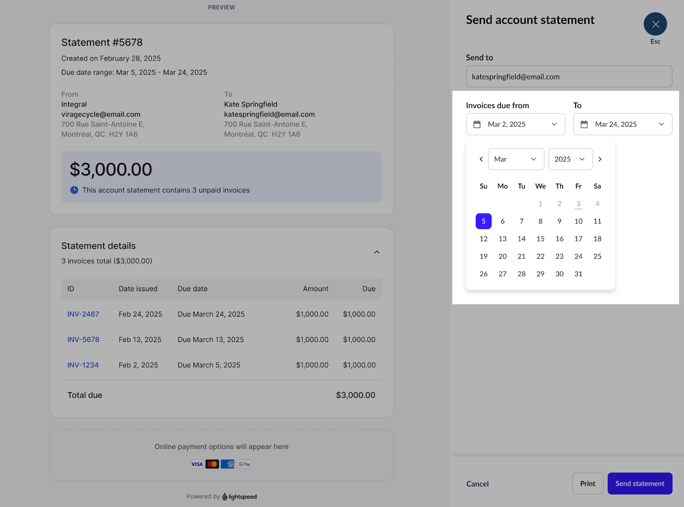 Account statement preview window with date picker highlighted.