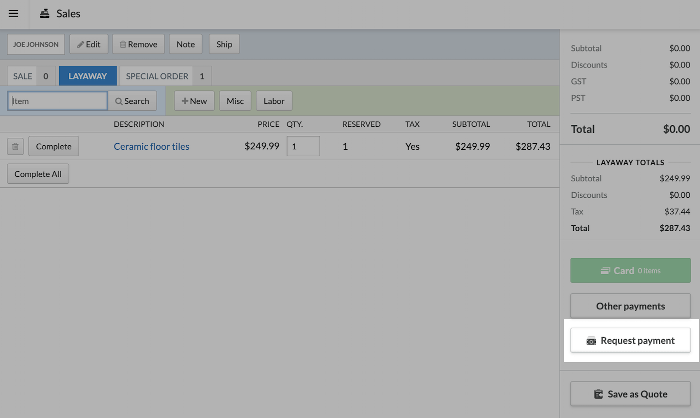Sales screen with Request payment button highlighted.