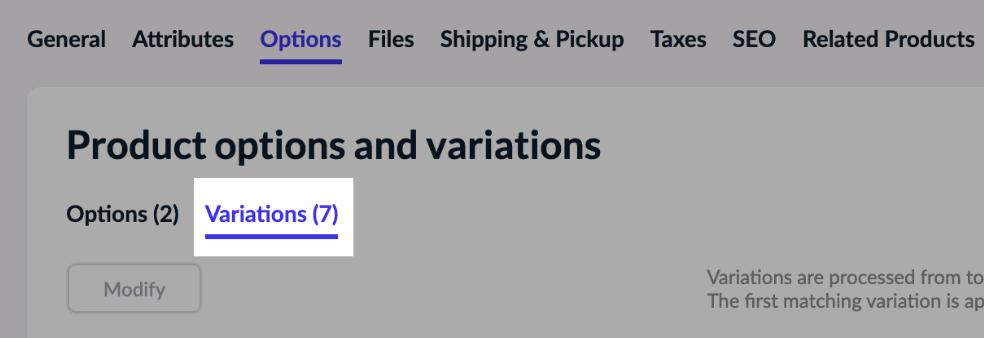 Variations tab for products with variants.