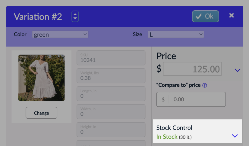 Arrow under Stock control.