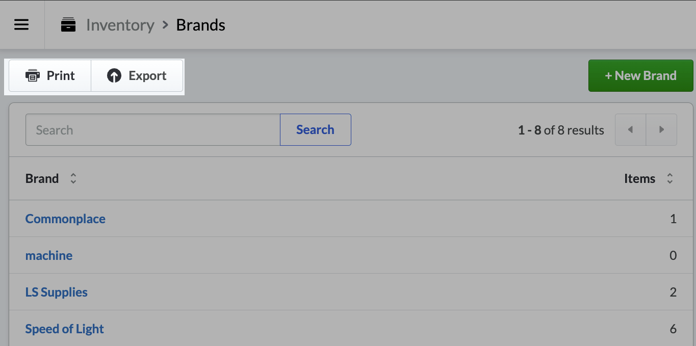The Brands page highlighting the Print and Export buttons.