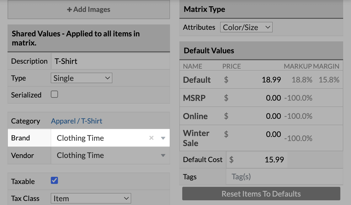 A matrix highlighting the brand dropdown.