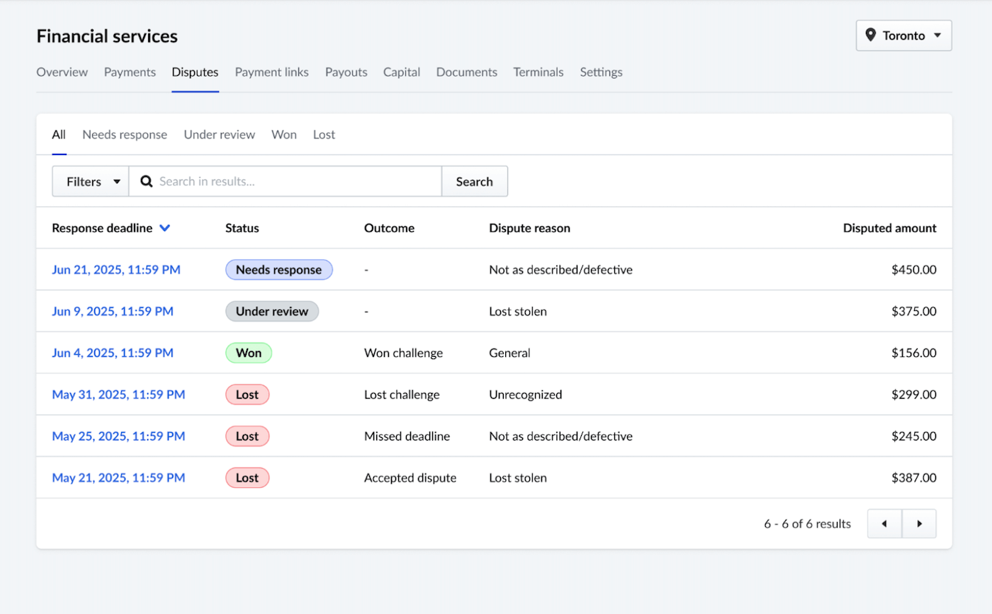 Pagina Financiële diensten met het tabblad Geschillen en een lijst van geschillen met verschillende statuswaarden.