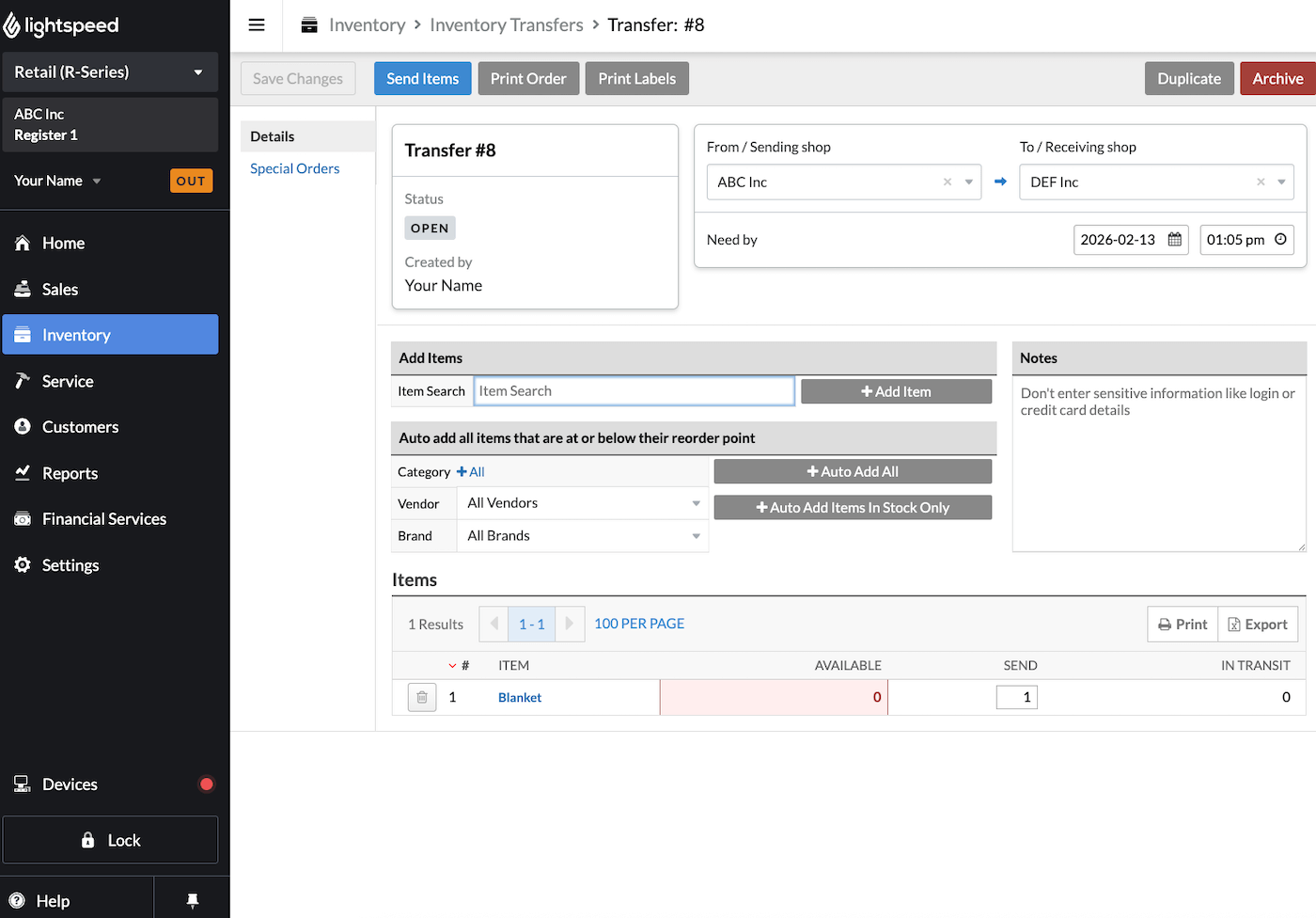 Transfer page with the Available column showing 0 and highlighted in red.