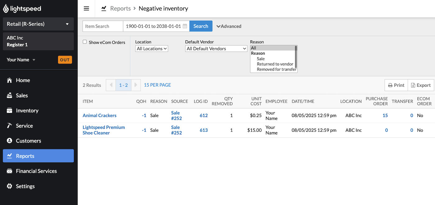 Negative inventory reports page.