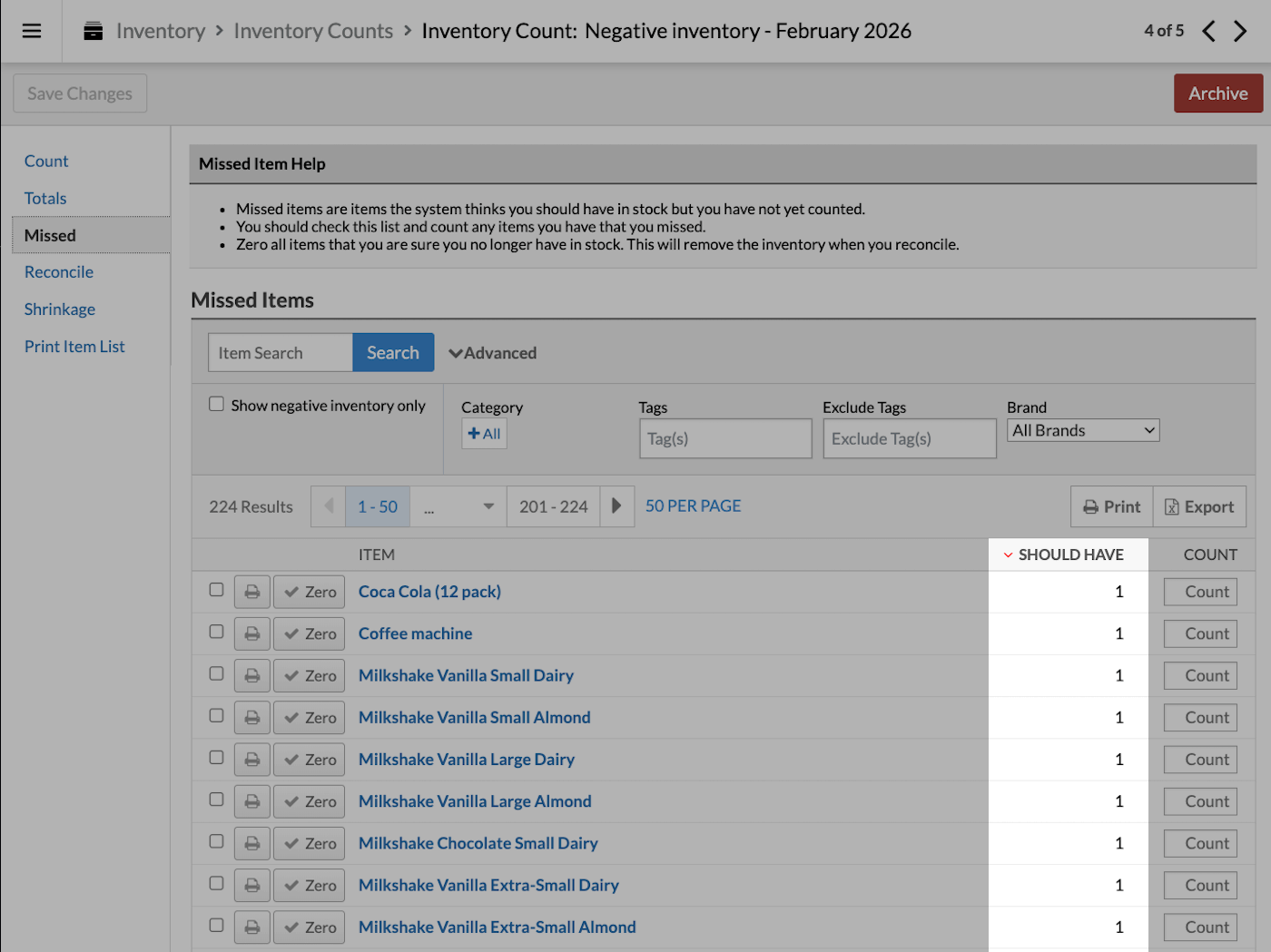 Missed tab with Should have column emphasized.
