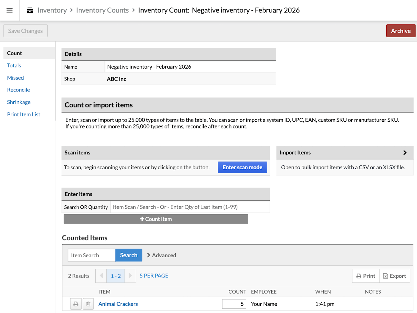 Count tab with Counted Items listed.