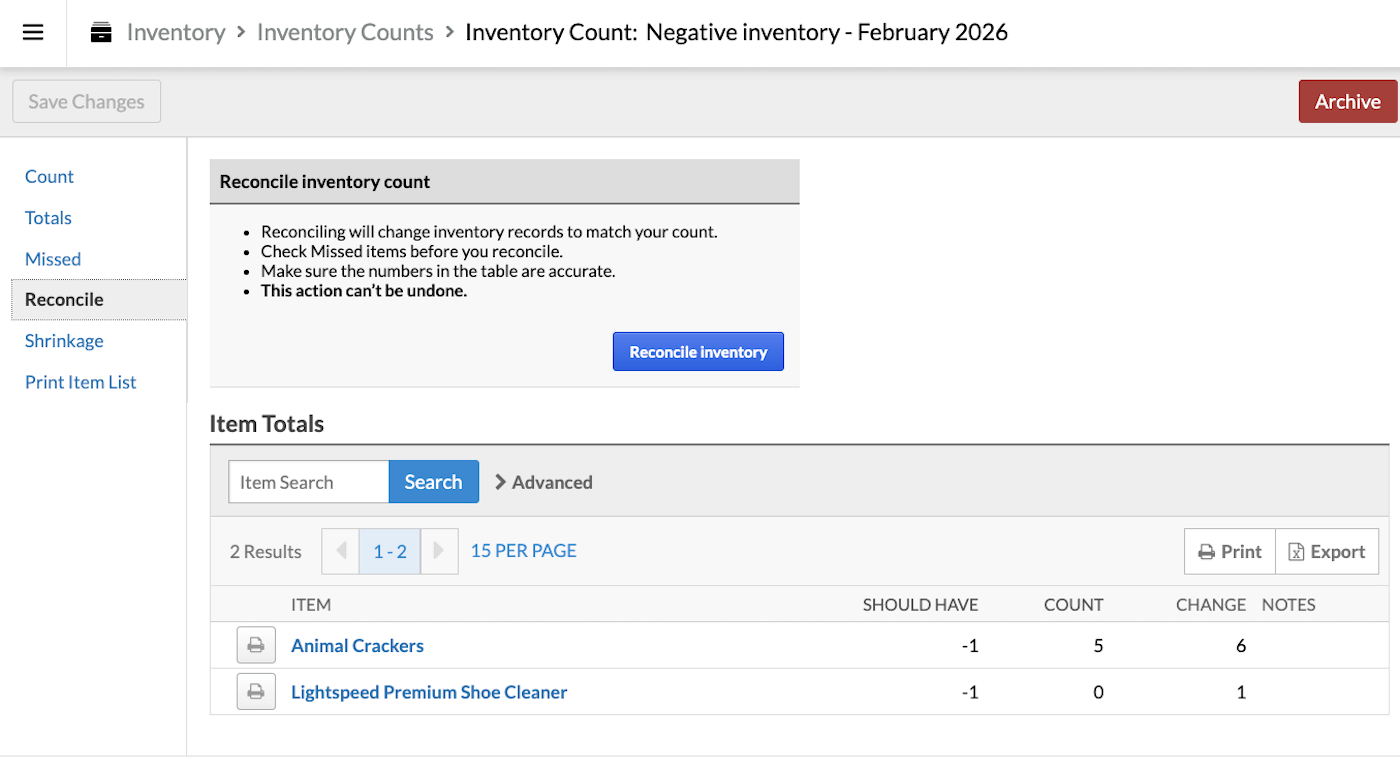 Reconcile tab showing Item Totals and Reconcile inventory button.