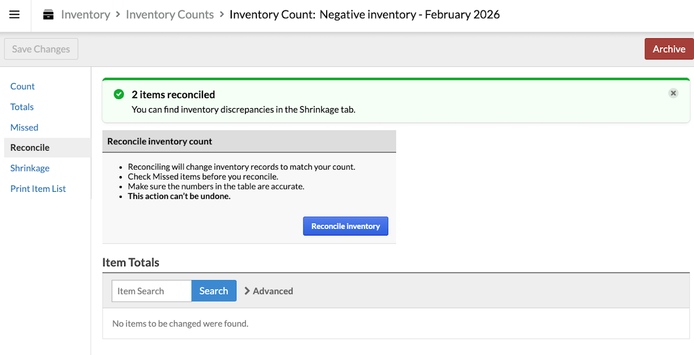 Temporary banner showing items have been reconciled.