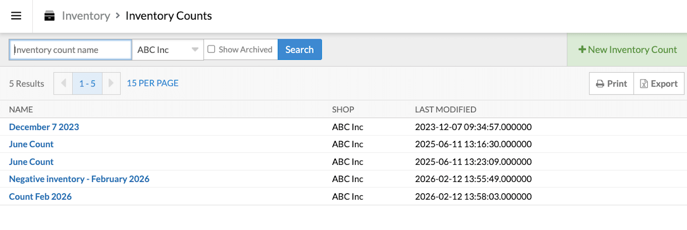 Inventory Counts page showing list of previous counts and + New Inventory Count button.