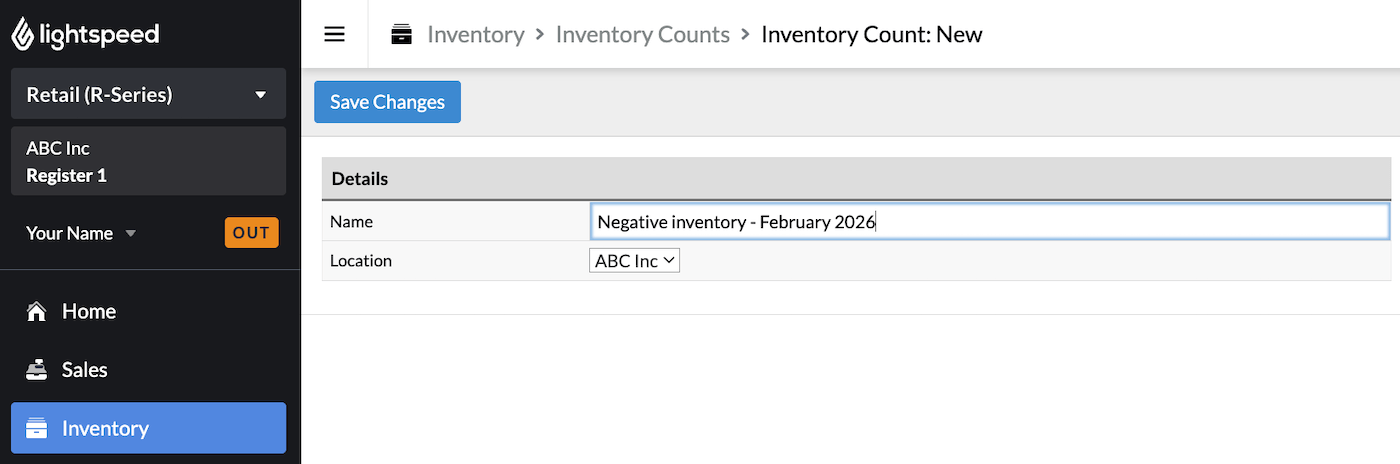 New inventory count page with Name and Location fields visible.