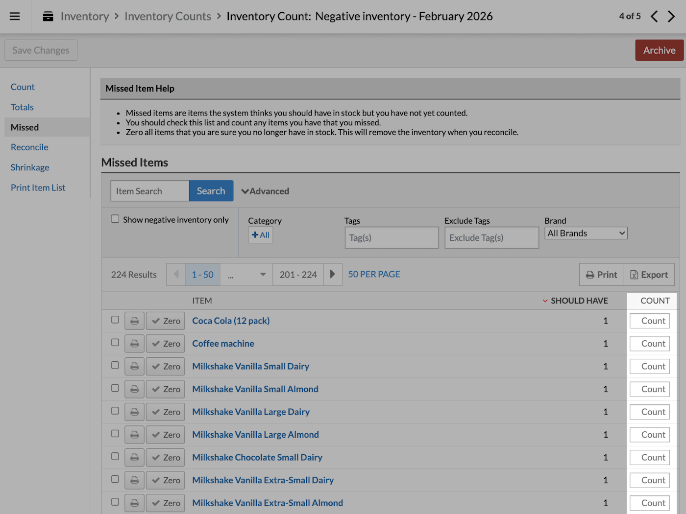 Missed tab with Count column emphasized.