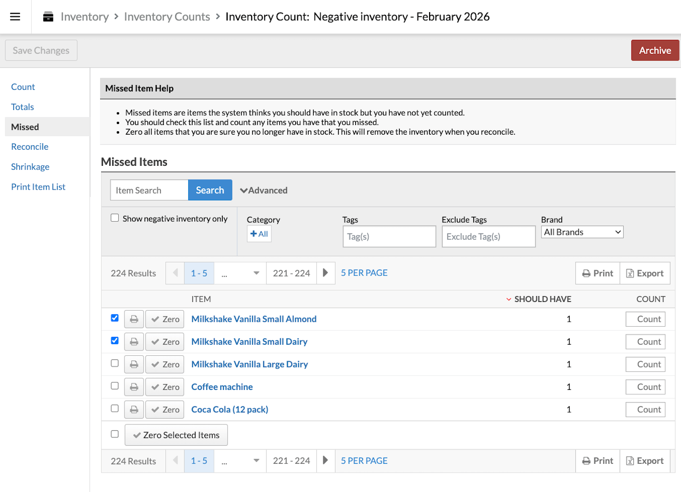 Missed items tab with items' Zero checkboxes selected.