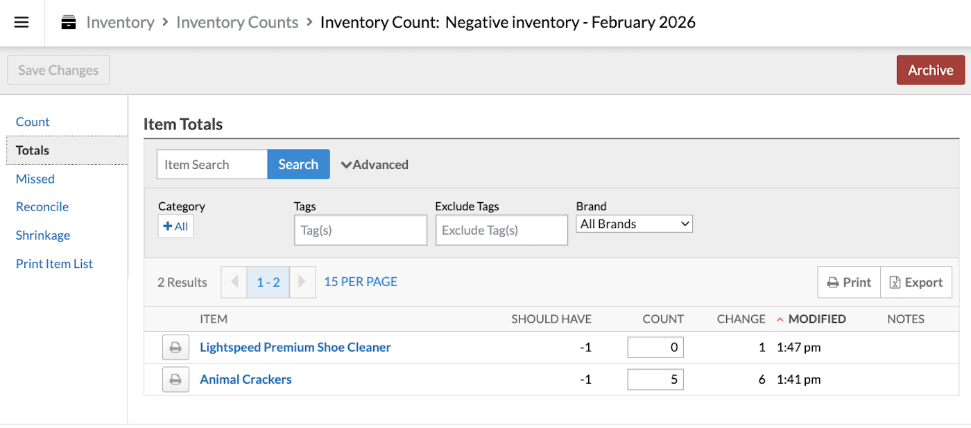 Totals tab showing Change quantities.
