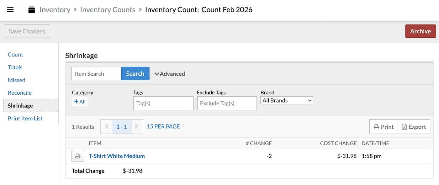 Shrinkage tab showing inventory lost due to shrinkage.