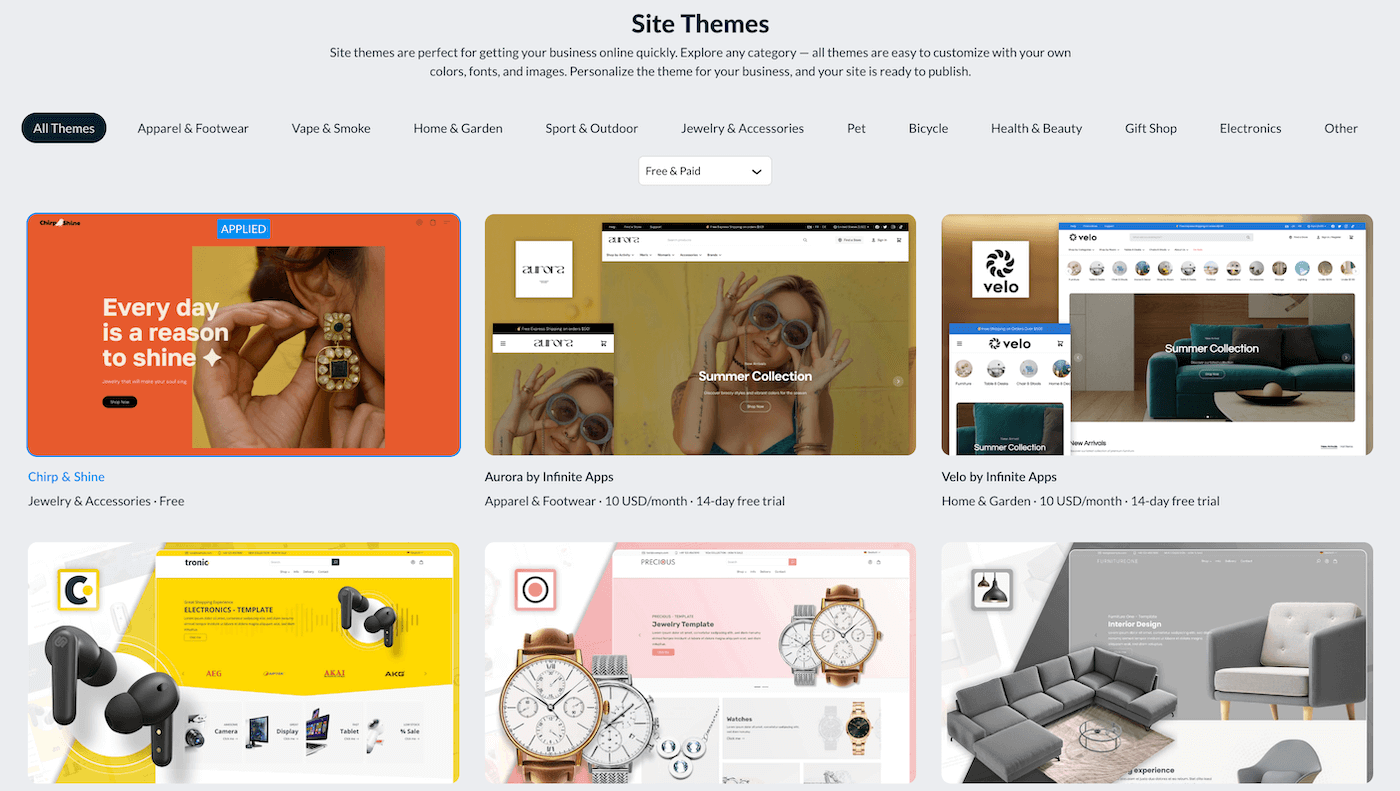 Themes page with different theme options.