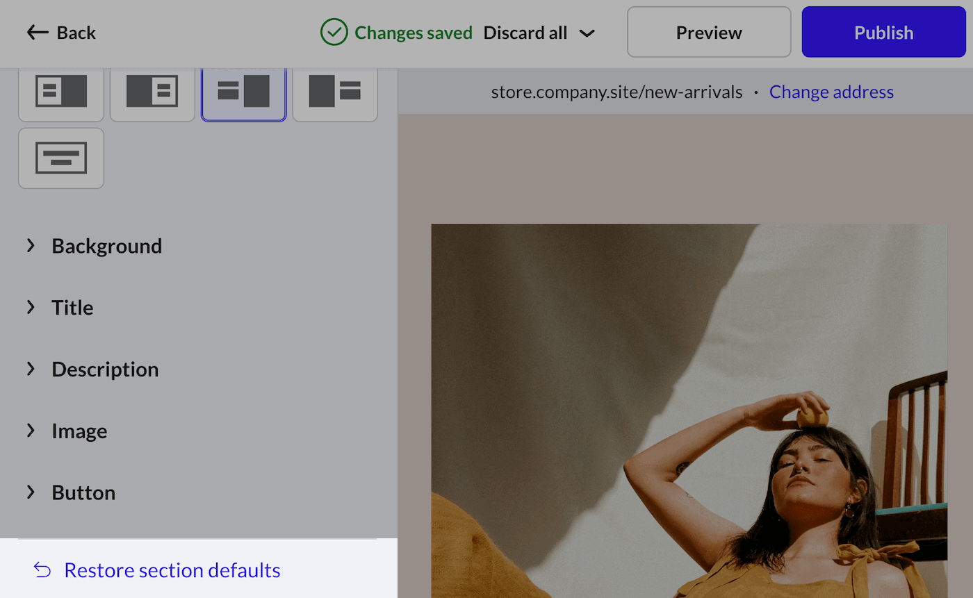 Restore section defaults on the Design tab.
