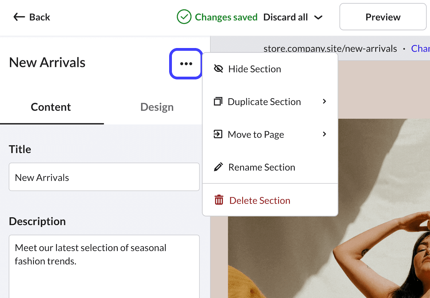 Change section menu options.