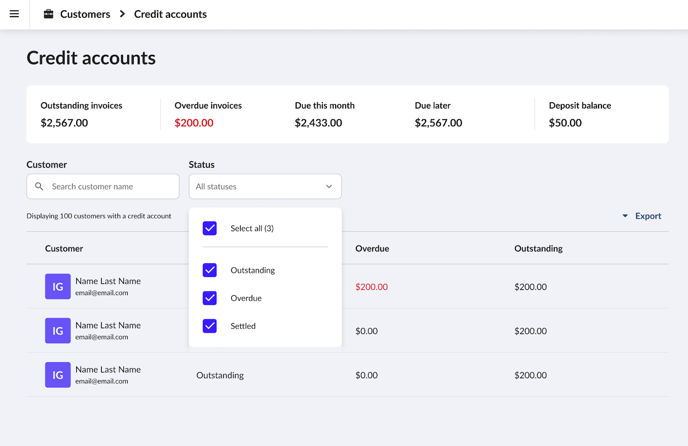 Credit Accounts overview page.