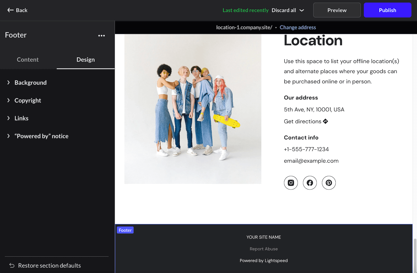 Edit Footer section with the eCom site editor.