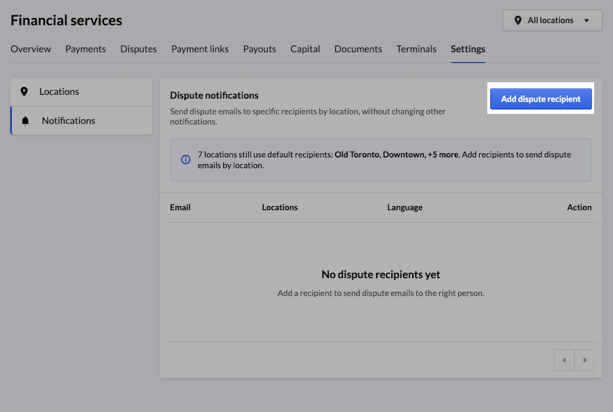 Settings page of Financial services with Add dispute recipient button highlighted.