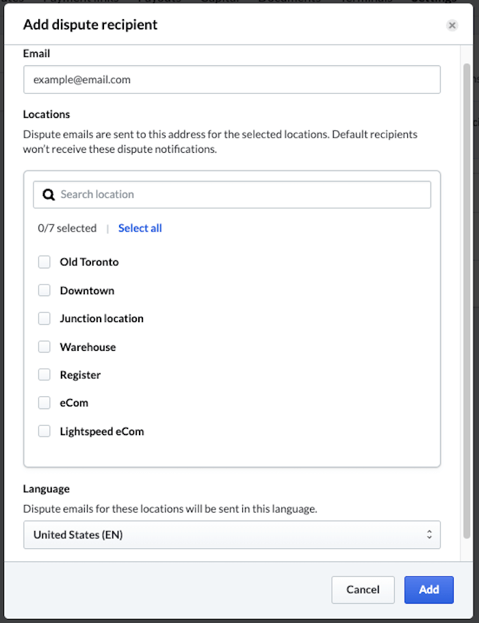 Dialog box to add recipient email address, select locations, and language.