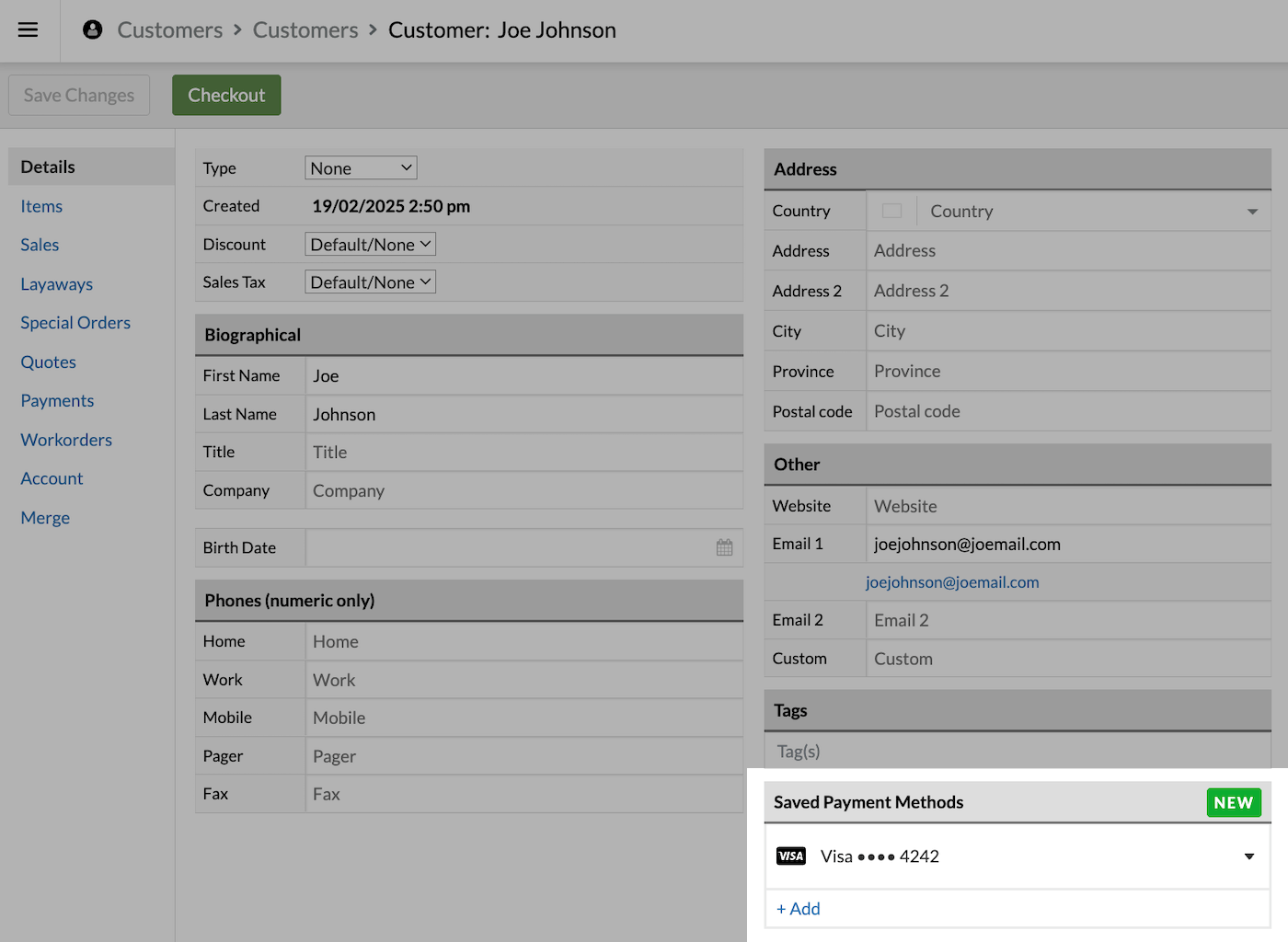 Saved payment methods on the customer profile.