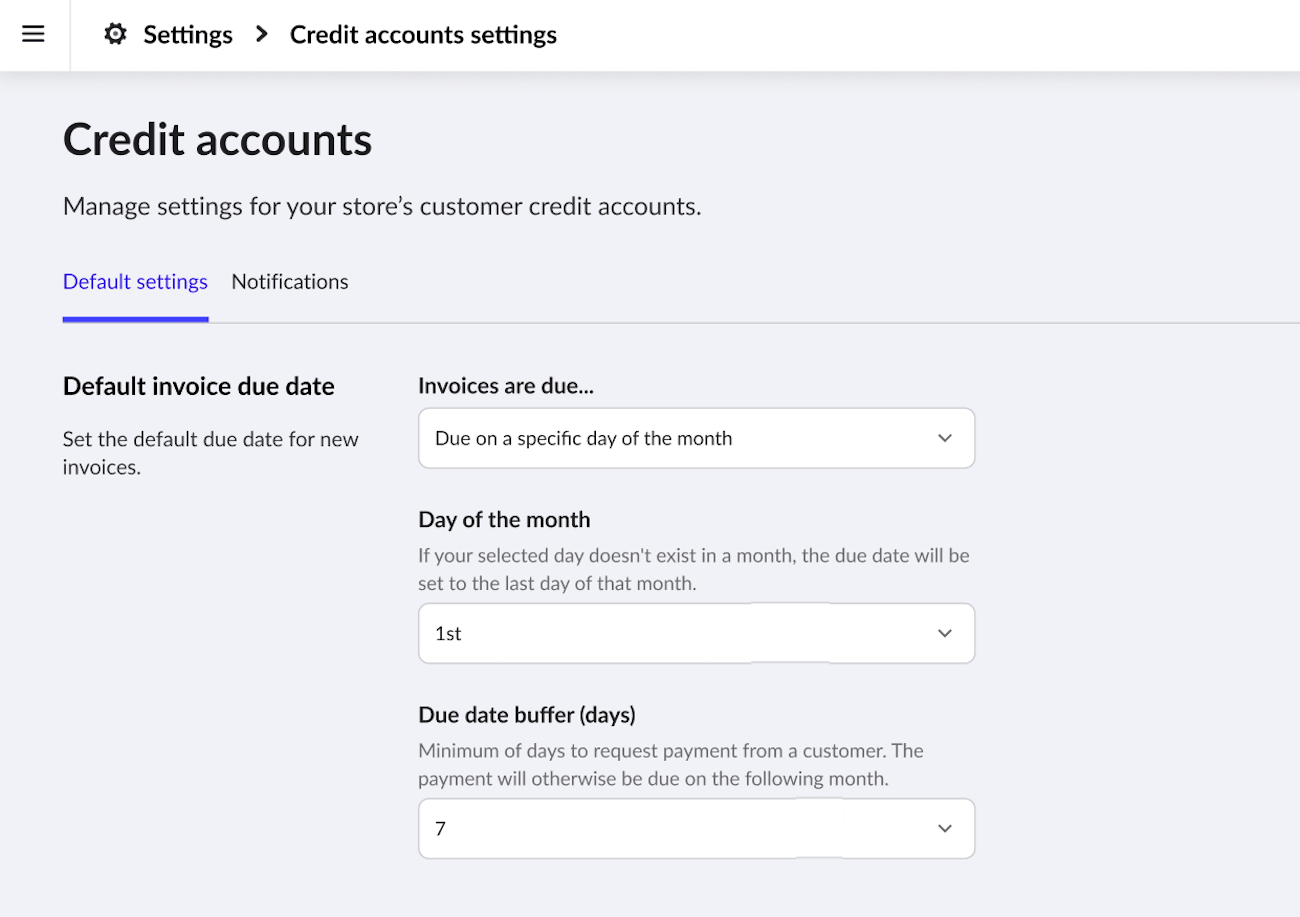 Invoices are due… dropdown options.