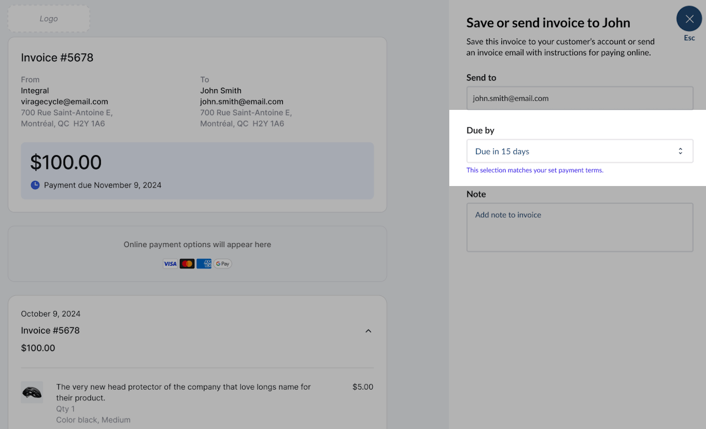 Invoice preview showing payment terms note under Due by dropdown.
