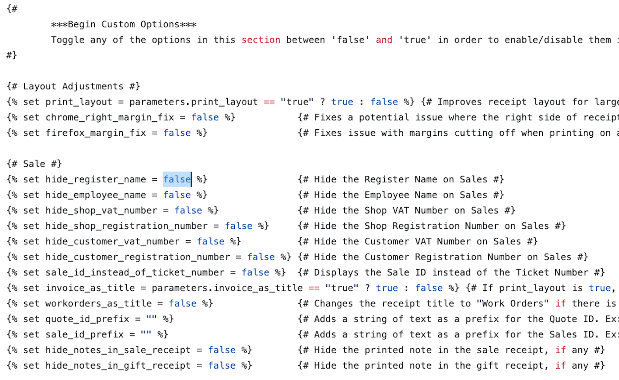Receipt templates true or false options.