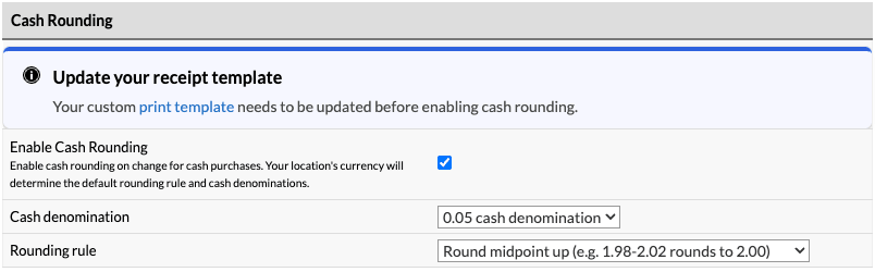 The Cash Rounding section with Enable Cash Rounding selected.