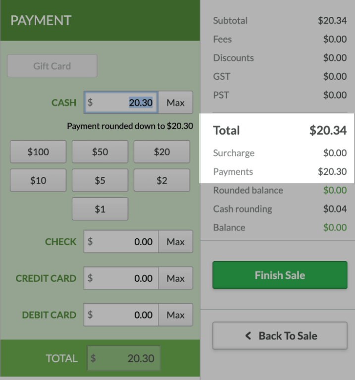 An example sale, highlighting the totale and rounded payment.