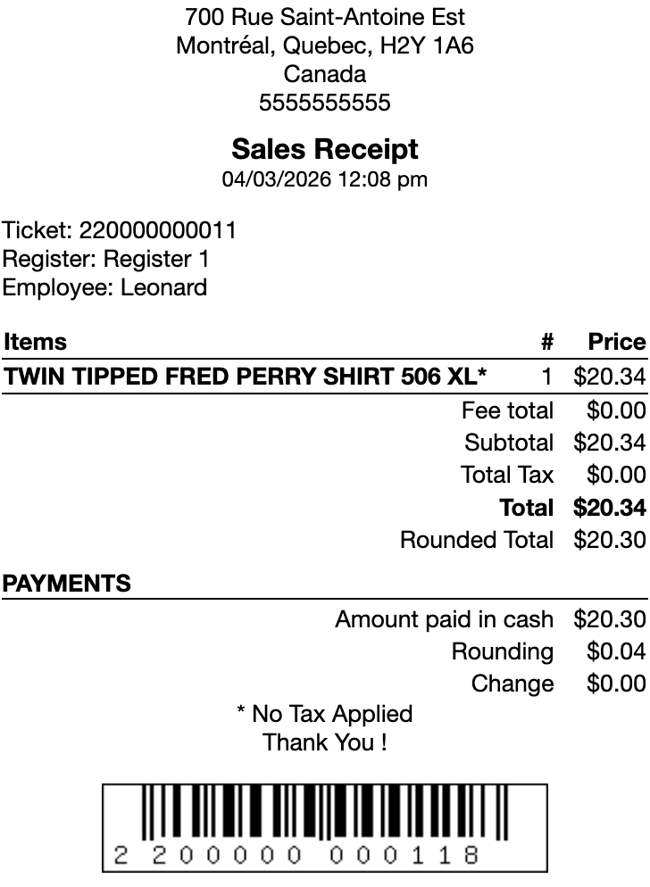 A receipt, displaying cash rounding.